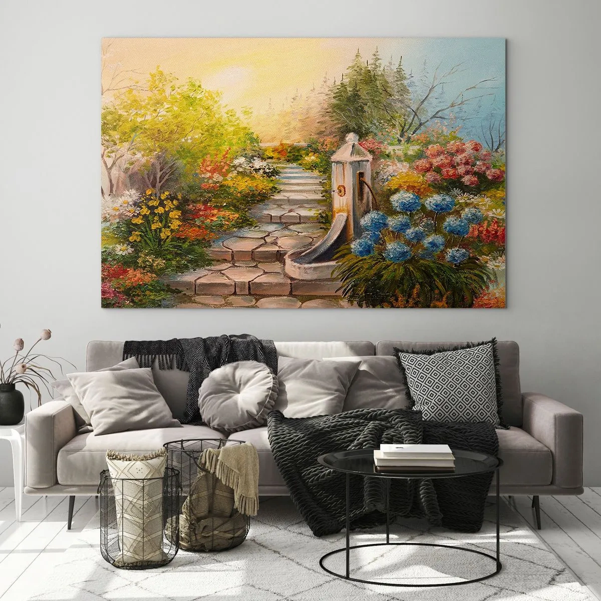 Impression sur verre - Image sur verre - Un jardin fleuri avec une fontaine en pleine floraison - 70x50cm - En pleine floraison - Décoration murale moderne pour le salon et la chambre ARTTOR