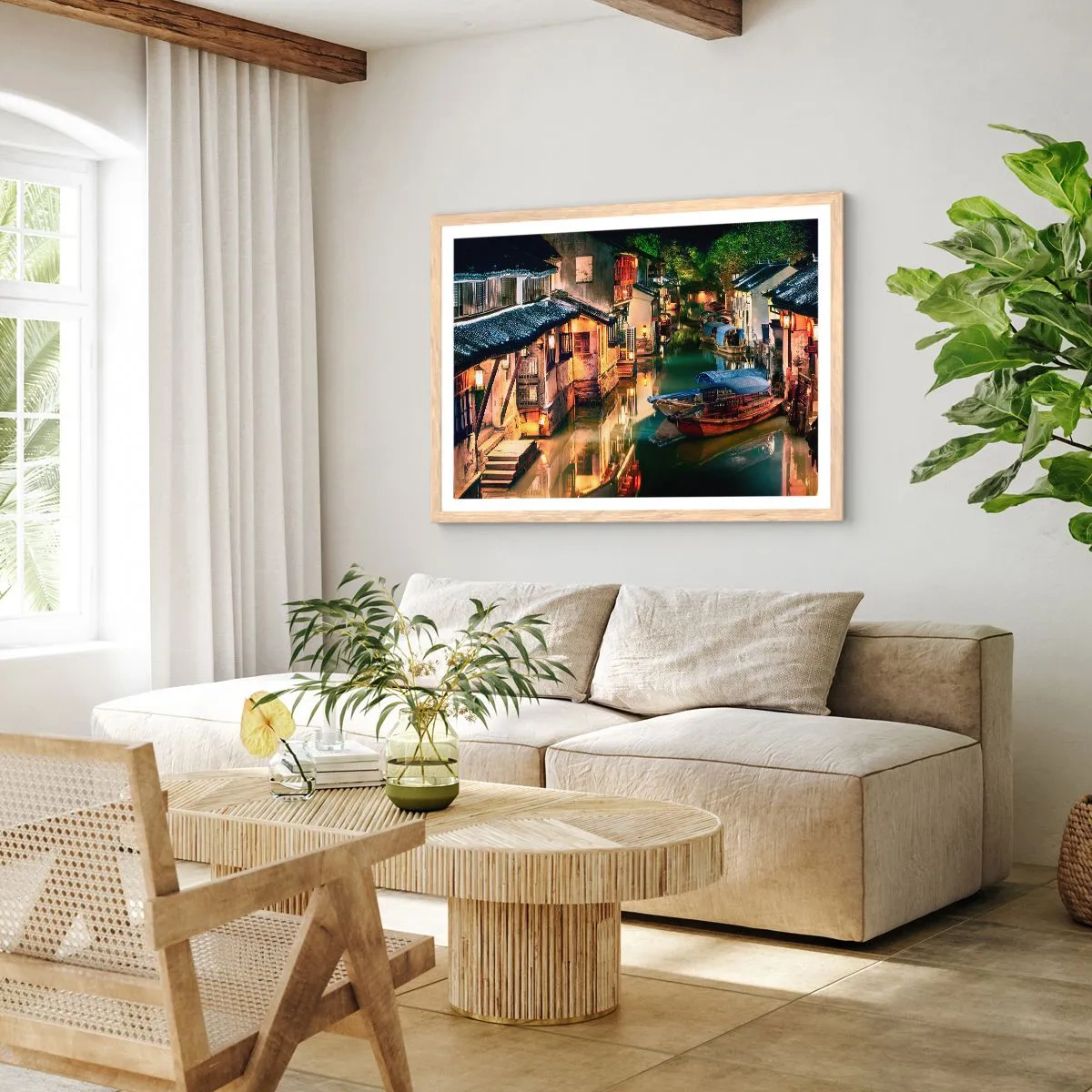 Affiche dans un chêne clair - Poster - Soirée dans une rue chinoise - 100x70 cm