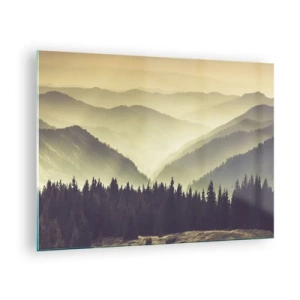 Impression sur verre - Image sur verre - Une vue brumeuse d'une chaîne de montagnes avec une forêt sombre au premier plan - 70x50cm - Derrière les sept montagnes… - Décoration murale moderne pour le salon et la chambre ARTTOR