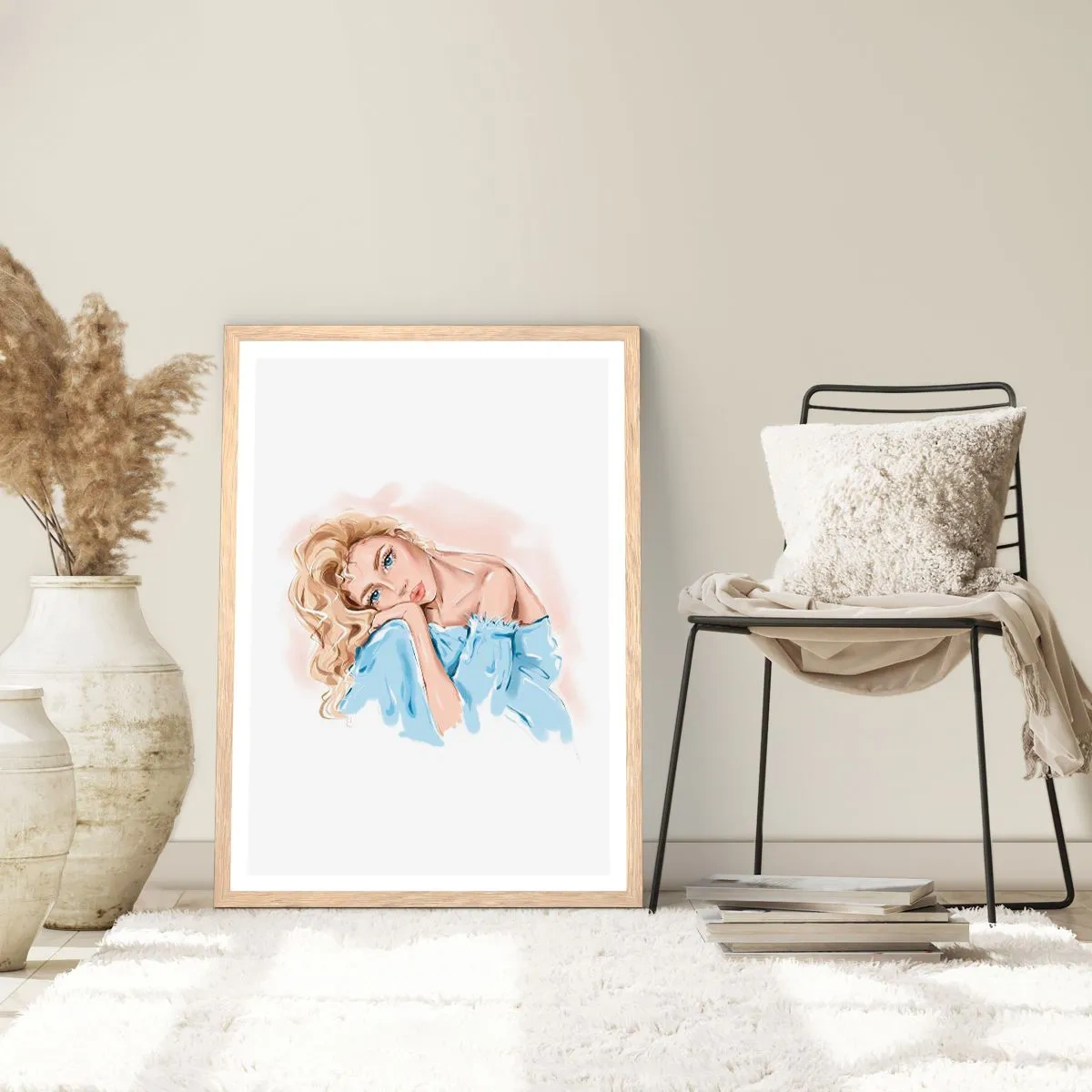 Affiche dans un chêne clair - Poster - Rêveuse en bleu - 40x50 cm