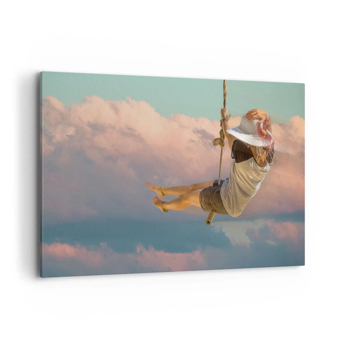 Impression sur toile - Image sur toile - Femme sur une balançoire parmi les nuages roses - 120x80cm - S'amuser dans les nuages - Décoration murale moderne pour le salon et la chambre ARTTOR
