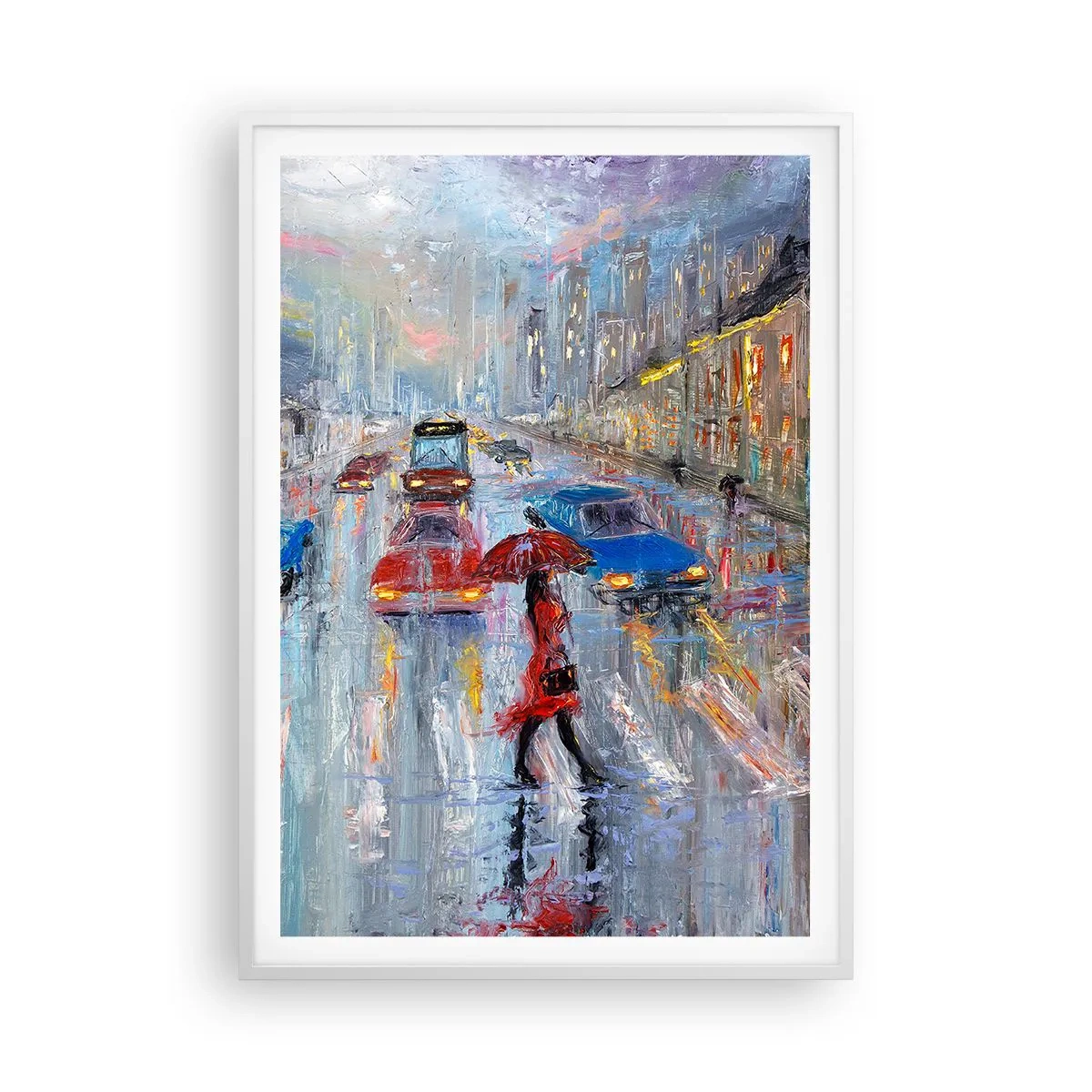 Affiche dans un cadre blanc - Poster - Après-midi pluvieux en ville - 70x100 cm