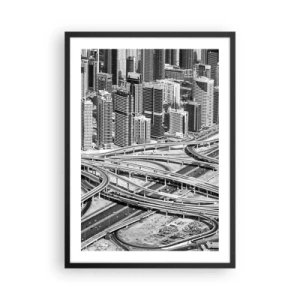 Affiche dans un cadre noir - Poster - Panorama de la ville avec réseau routier en noir et blanc - 50x70cm - Dubaï - la ville impossible - Décoration murale moderne pour le salon et la chambre ARTTOR