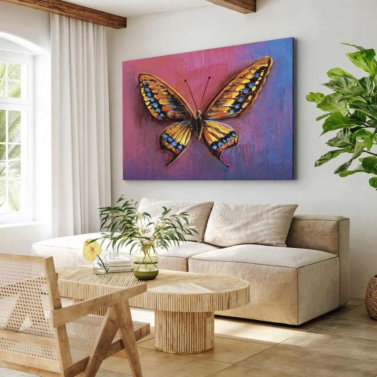 Impression sur toile - Image sur toile - Papillon coloré sur un fond abstrait - 70x50cm - Un joyau de la nature - Décoration murale moderne pour le salon et la chambre ARTTOR