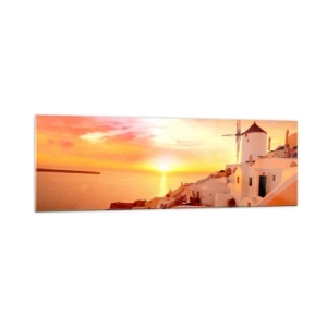 Impression sur verre - Image sur verre - Santorin au coucher du soleil avec un moulin à vent - 160x50cm - Fondre en blanc et or - Décoration murale moderne pour le salon et la chambre ARTTOR