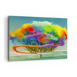 Impression sur toile - Image sur toile - Une silhouette avec de la fumée colorée à l'arrière-plan d'un arbre dans la nature - 100x70cm - Donner vie à ce monde - Décoration murale moderne pour le salon et la chambre ARTTOR