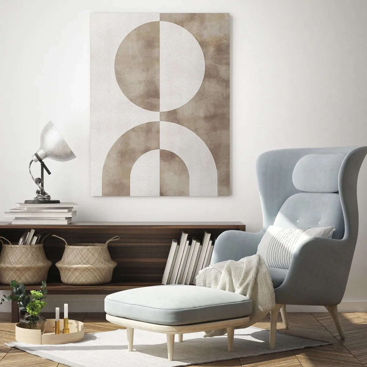 Impression sur verre - Image sur verre - Géométrie beige avec un demi-cercle et un cercle sur un fond horizontal - 50x70cm - Similitudes et différences - Décoration murale moderne pour le salon et la chambre ARTTOR