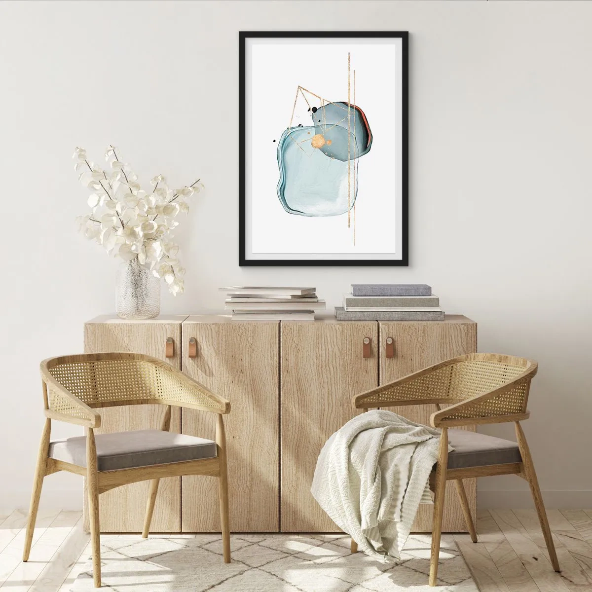 Affiche dans un cadre noir - Poster - Composition abstraite à l'aquarelle avec un motif géométrique doré - 50x70cm - Etude des gouttes - Décoration murale moderne pour le salon et la chambre ARTTOR