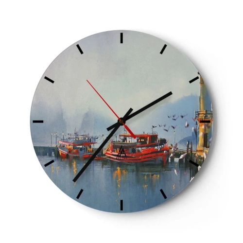 Horloge murale - Pendule murale - Un port avec des bateaux rouges sur une eau calme le matin - 30x30cm - Na końcu świata - Décoration murale moderne pour le salon, la cuisine et la chambre ARTTOR
