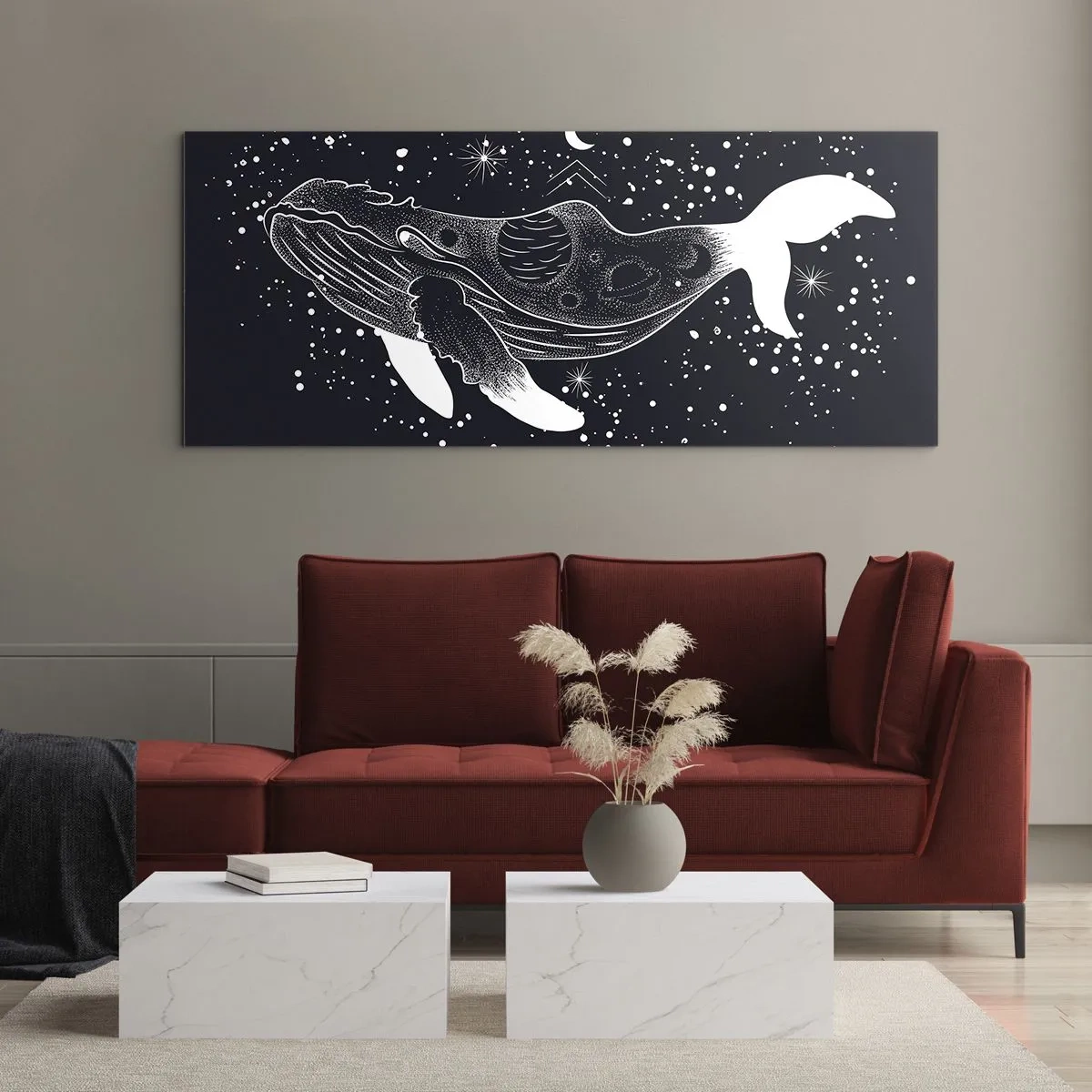 Impression sur verre - Image sur verre - Une illustration graphique d'une baleine dans un style de l'ère spatiale. - 120x50cm - Dans l'océan de l'univers - Décoration murale moderne pour le salon et la chambre ARTTOR