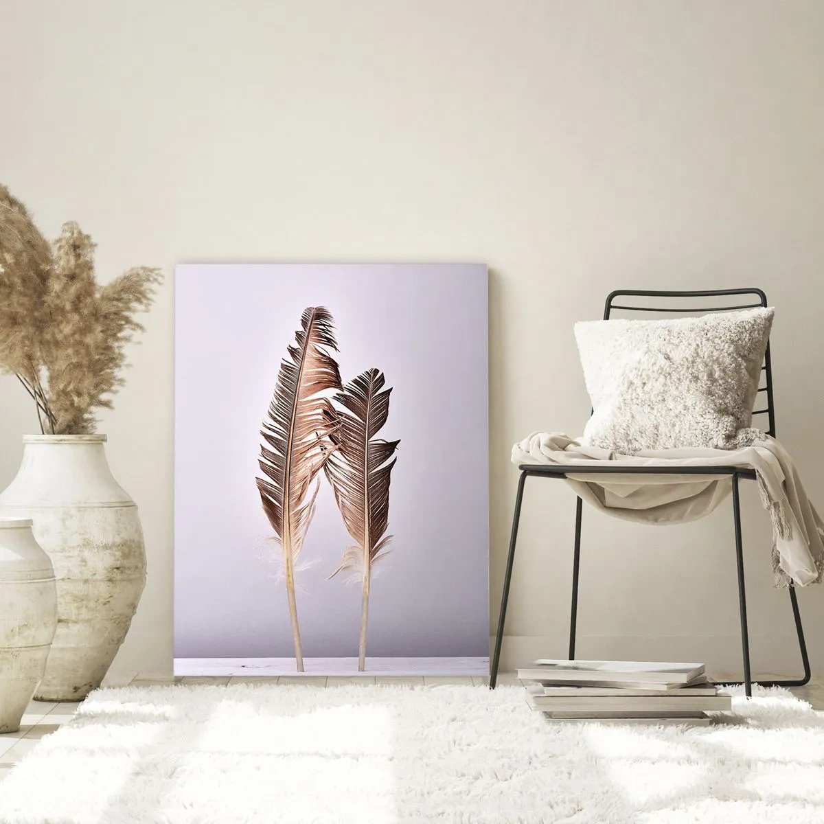 Impression sur verre - Image sur verre - Plumes délicates sur fond clair dans un style minimaliste - 80x120cm - Face au néant - Décoration murale moderne pour le salon et la chambre ARTTOR