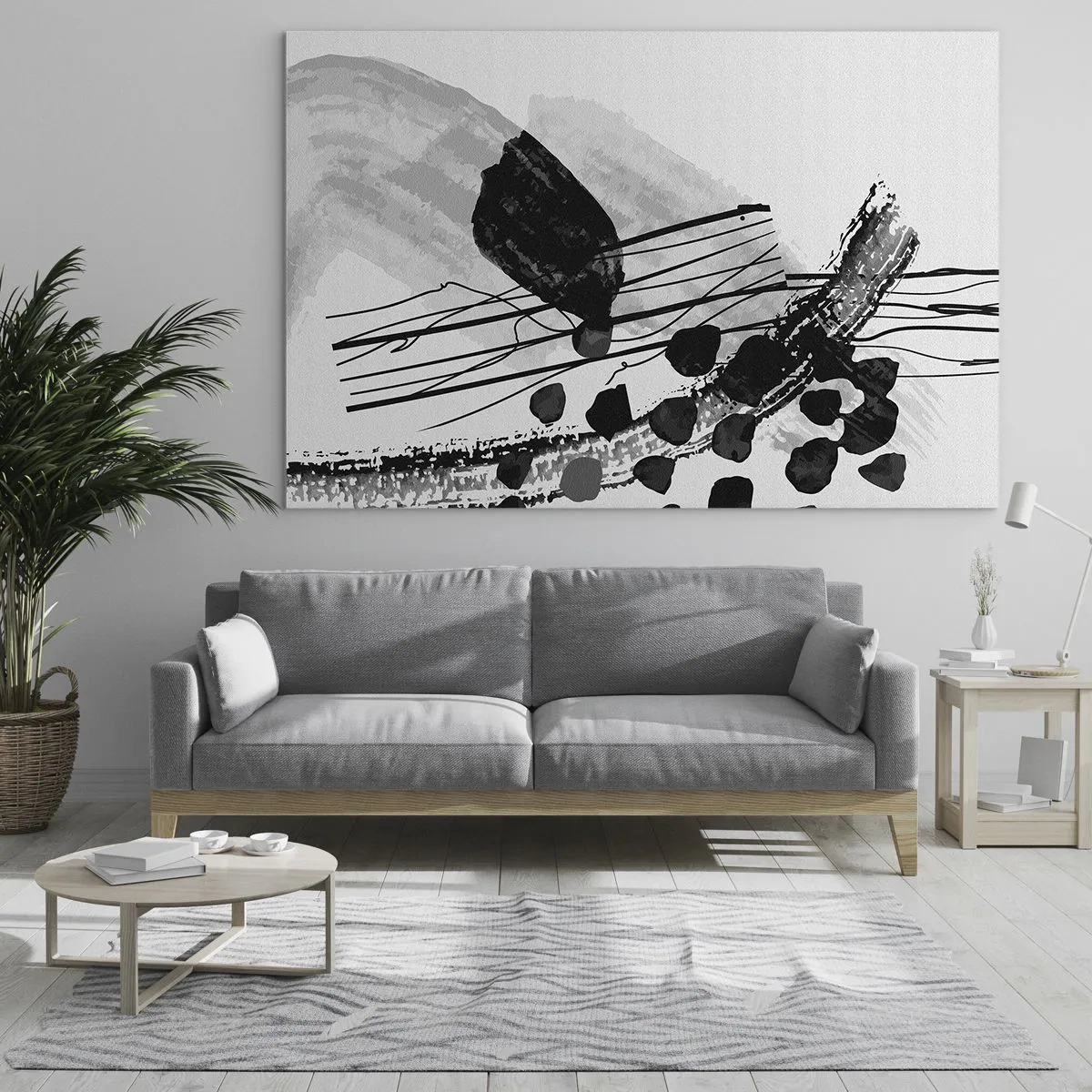 Impression sur verre - Image sur verre - Abstraction en noir et blanc avec des formes et des lignes organiques - 70x50cm - Abstraction organique noir et blanc - Décoration murale moderne pour le salon et la chambre ARTTOR