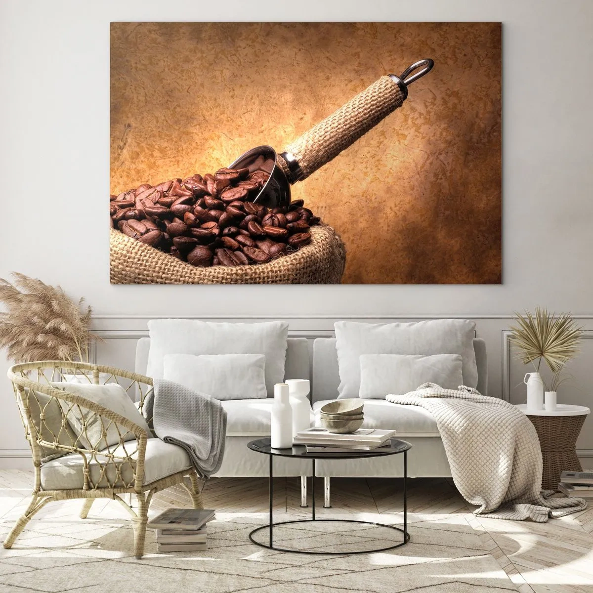 Impression sur verre - Image sur verre - Grains de café dans un sac en jute avec une cuillère en métal - 70x50cm - A la source de la saveur - Décoration murale moderne pour le salon et la chambre ARTTOR