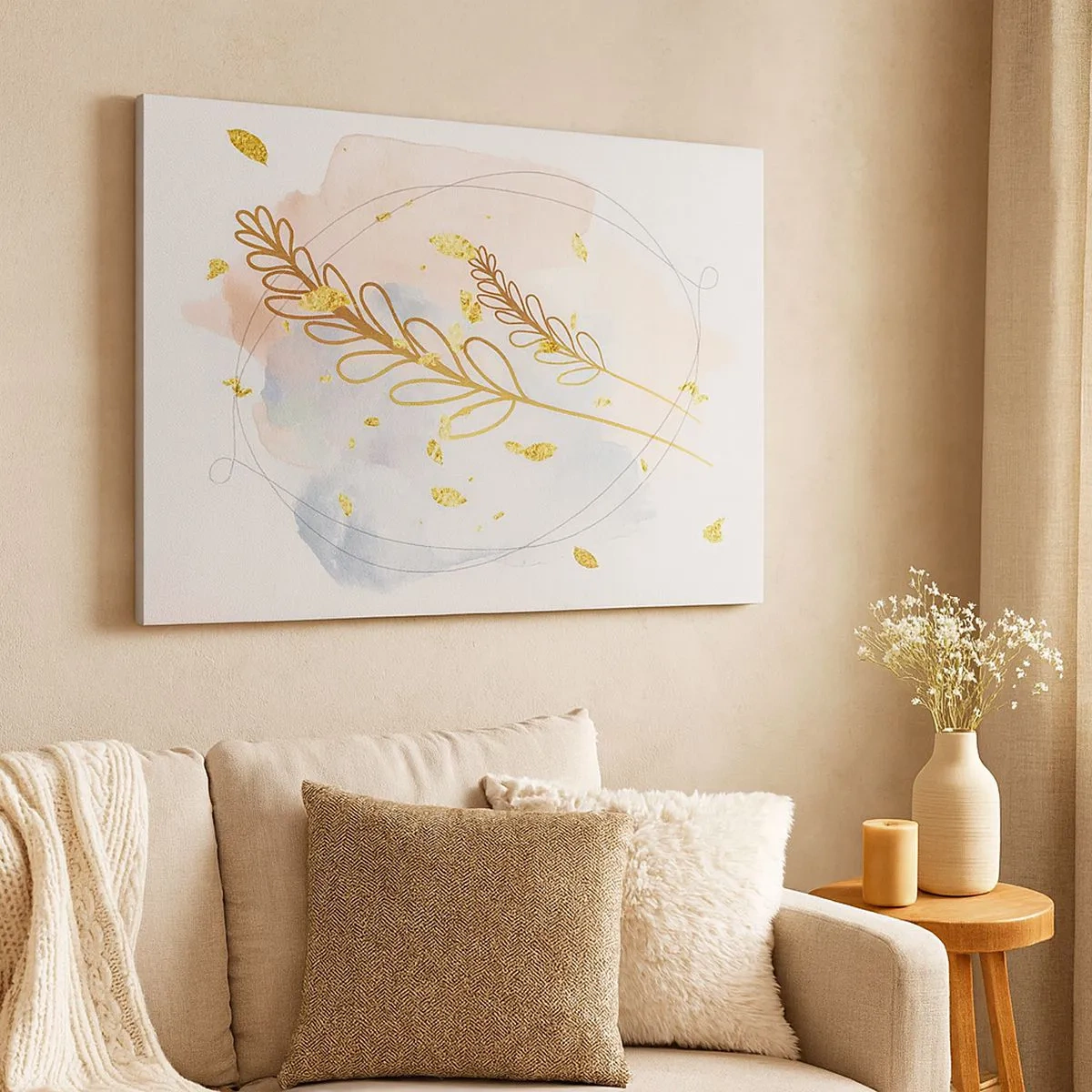 Impression sur toile - Image sur toile - Un délicat motif de feuille dorée sur un fond pastel avec des détails aquarelles. - 70x50cm - Explosion d'or - Décoration murale moderne pour le salon et la chambre ARTTOR
