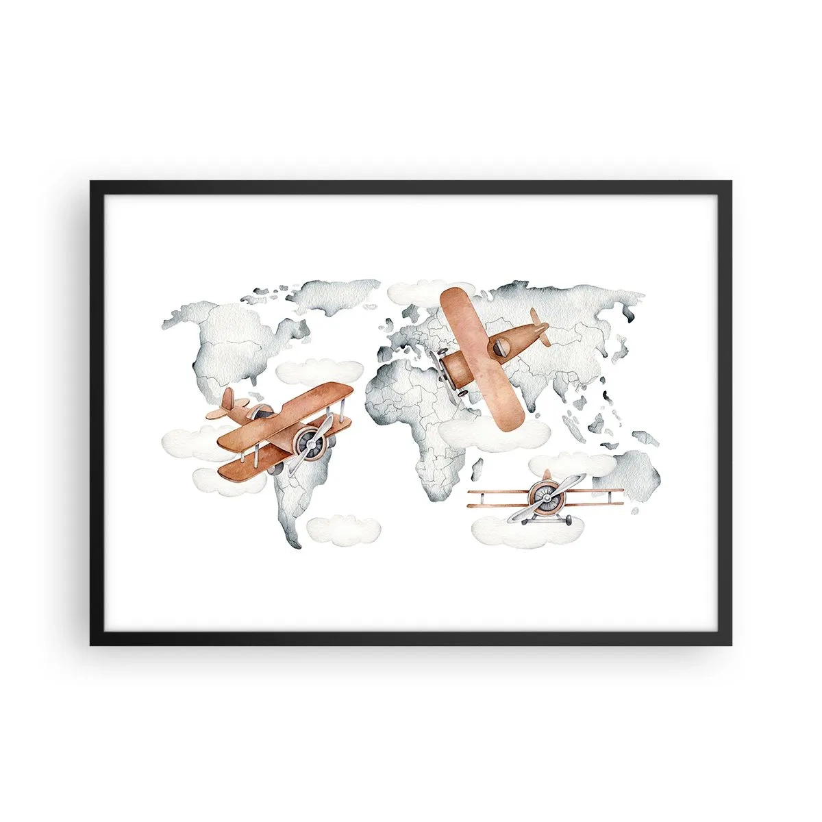Affiche dans un cadre noir - Poster - Illustration d'une carte du monde avec des avions - 70x50cm - Dans un esprit pionnier - Décoration murale moderne pour le salon et la chambre ARTTOR