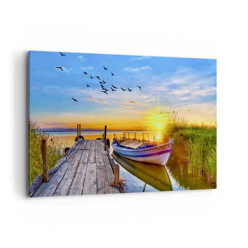Impression sur toile - Image sur toile - Un bateau sur une jetée en bois au coucher du soleil - 120x80cm - Au revoir, à demain - Décoration murale moderne pour le salon et la chambre ARTTOR
