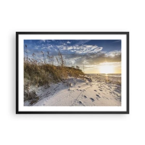 Affiche dans un cadre noir - Poster - Dunes avec de l'herbe et des empreintes de pas dans le sable au coucher du soleil - 70x50cm - Invitation à la ballade - Décoration murale moderne pour le salon et la chambre ARTTOR