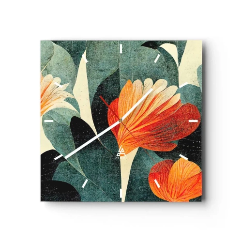 Horloge murale - Pendule murale - Fleurs aux tons intenses d'orange et de vert - 30x30cm - La chaleur des tropiques et la fraîcheur de la verdure - Décoration murale moderne pour le salon et la chambre ARTTOR