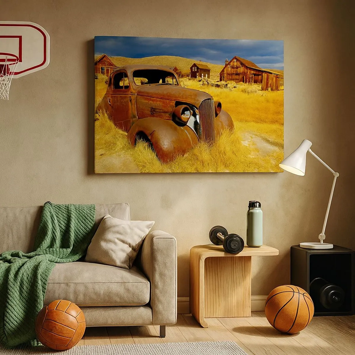 Impression sur toile - Image sur toile - Une vieille voiture rouillée sur fond de cabanes en bois abandonnées - 70x50cm - Repos bien mérité - Décoration murale moderne pour le salon et la chambre ARTTOR