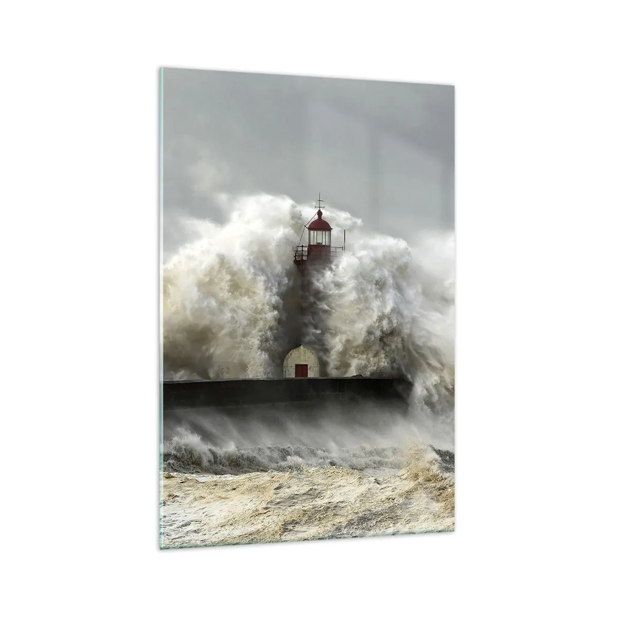 Impression sur verre - Image sur verre - Un phare entouré de vagues violentes pendant une tempête - 70x100cm - La colère de l'océan - Décoration murale moderne pour le salon et la chambre ARTTOR