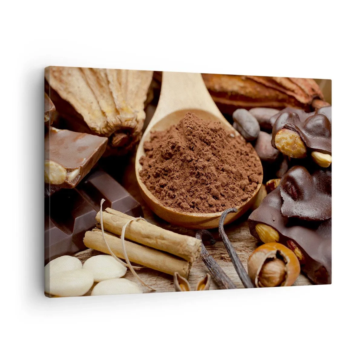 Impression sur toile - Image sur toile - Une cuillerée d'ingrédients à base de cacao et de chocolat dans un arrangement rustique - 70x50cm - La meilleure pour les chagrins - Décoration murale moderne pour le salon et la chambre ARTTOR