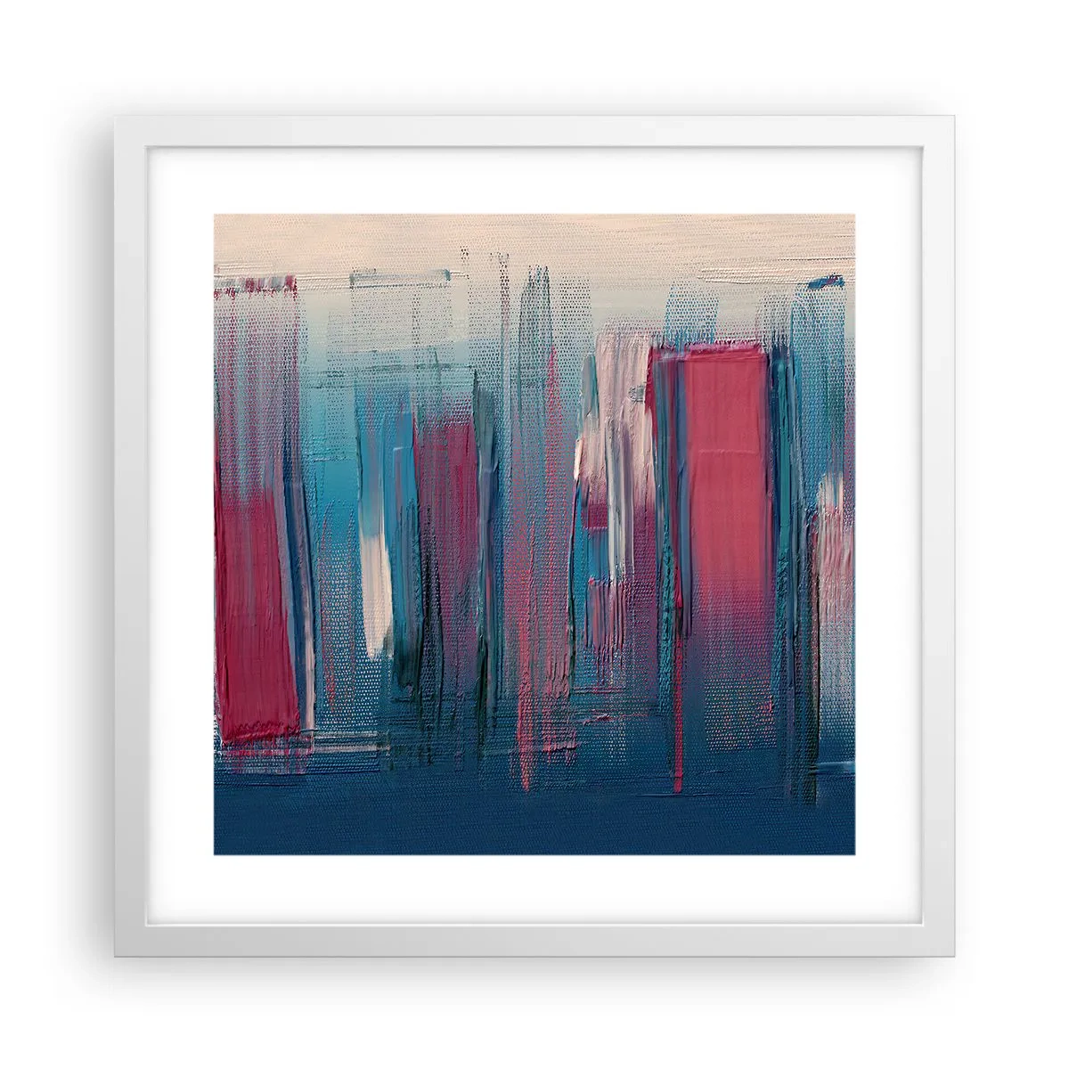 Affiche dans un cadre blanc - Poster - Composition verticale en bleu et rouge - 40x40 cm