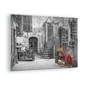 Impression sur verre - Image sur verre - Rue en noir et blanc avec un vélo rouge - 70x50cm - Ruelle toscane - Décoration murale moderne pour le salon et la chambre ARTTOR