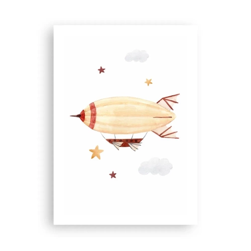 Affiche - Poster - Un dirigeable aquarelle flottant parmi les étoiles et les nuages. - 50x70cm - Dirigeable - Décoration murale moderne pour le salon et la chambre ARTTOR