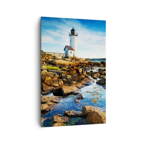 Impression sur toile - Image sur toile - Un phare sur une côte rocheuse par une journée ensoleillée - 80x120cm - Revenez heureux, j'attends - Décoration murale moderne pour le salon et la chambre ARTTOR