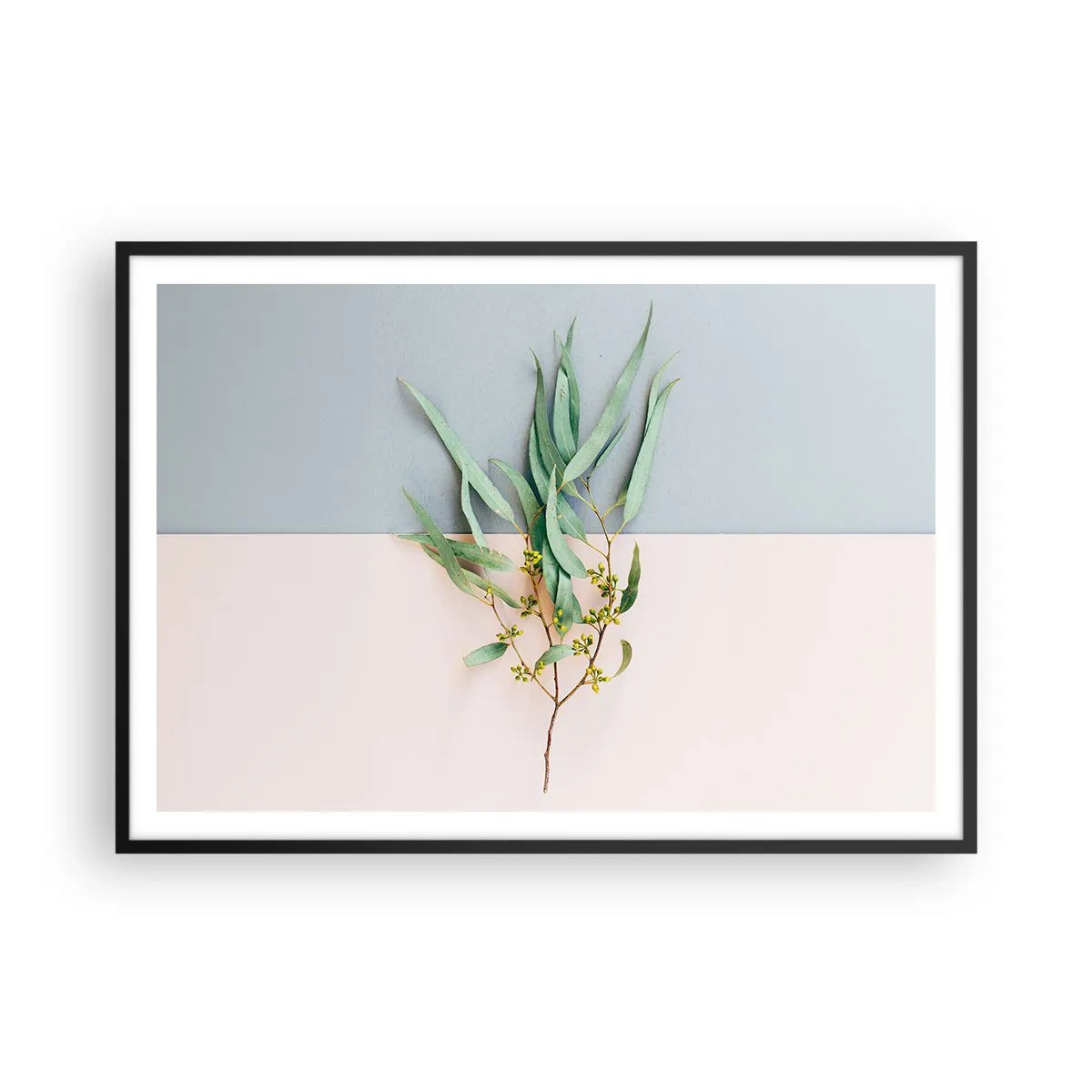 Affiche dans un cadre noir - Poster - Une branche avec des feuilles sur un fond de tons pastel - 100x70cm - Subtilité pastel - Décoration murale moderne pour le salon et la chambre ARTTOR