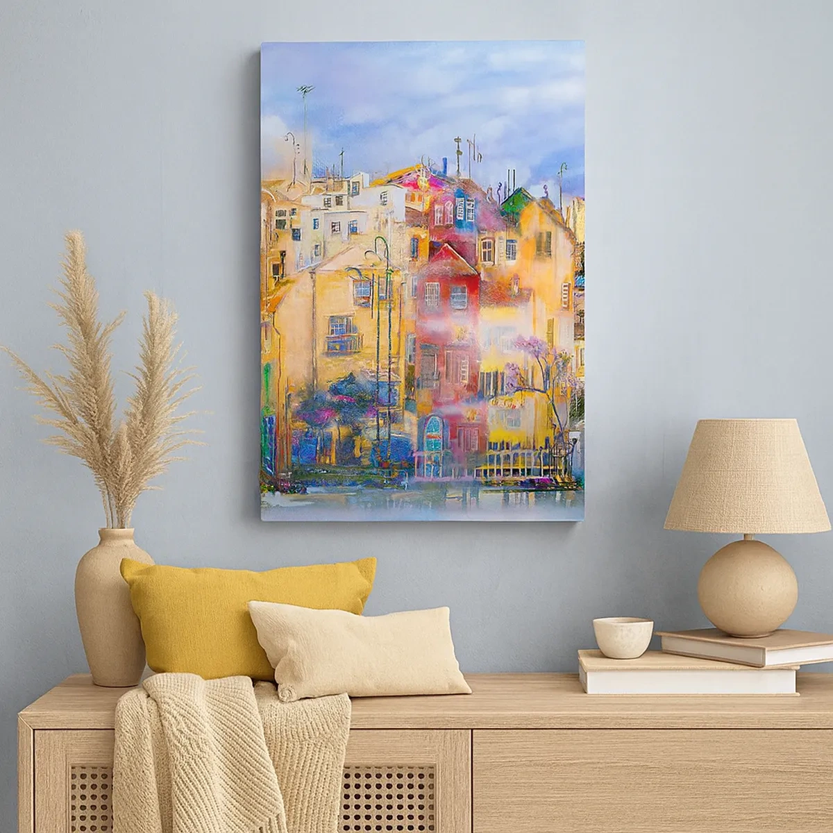 Impression sur toile - Image sur toile - Bâtiments urbains colorés dans un style artistique - 50x70cm - Nous sommes ensemble - Décoration murale moderne pour le salon et la chambre ARTTOR