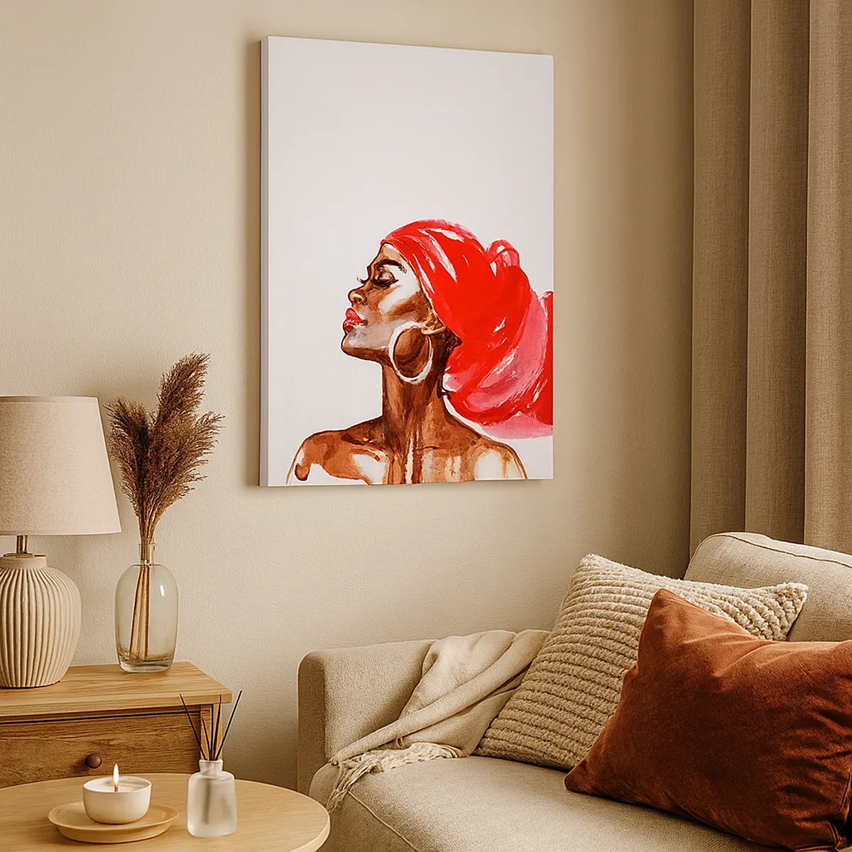 Impression sur toile - Image sur toile - Profil d'une femme avec un turban rouge et des boucles d'oreilles - 50x70cm - "Les cheveux dans le vent" - Décoration murale moderne pour le salon et la chambre ARTTOR