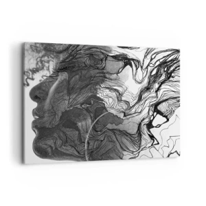 Impression sur toile - Image sur toile - Visage abstrait en noir et blanc avec des lignes dynamiques. - 100x70cm - Emmêlé dans les rêves - Décoration murale moderne pour le salon et la chambre ARTTOR