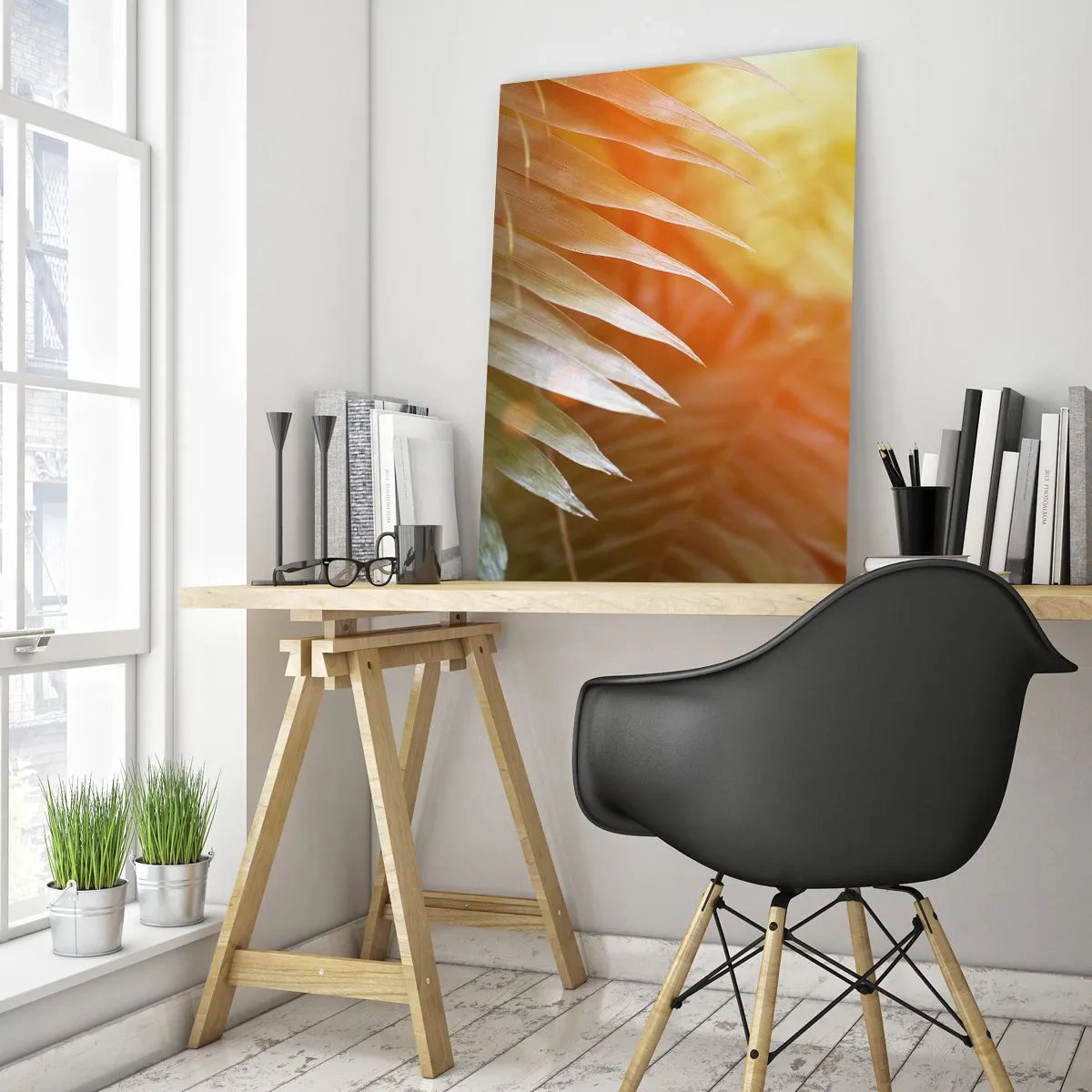 Impression sur verre - Image sur verre - Feuilles de palmier dans les rayons du soleil couchant - 80x120cm - Matinée dans la jungle - Décoration murale moderne pour le salon et la chambre ARTTOR