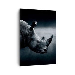 Impression sur toile - Image sur toile - Portrait noir et blanc d'un rhinocéros sur fond sombre - 50x70cm - Le profil droit - Décoration murale moderne pour le salon et la chambre ARTTOR