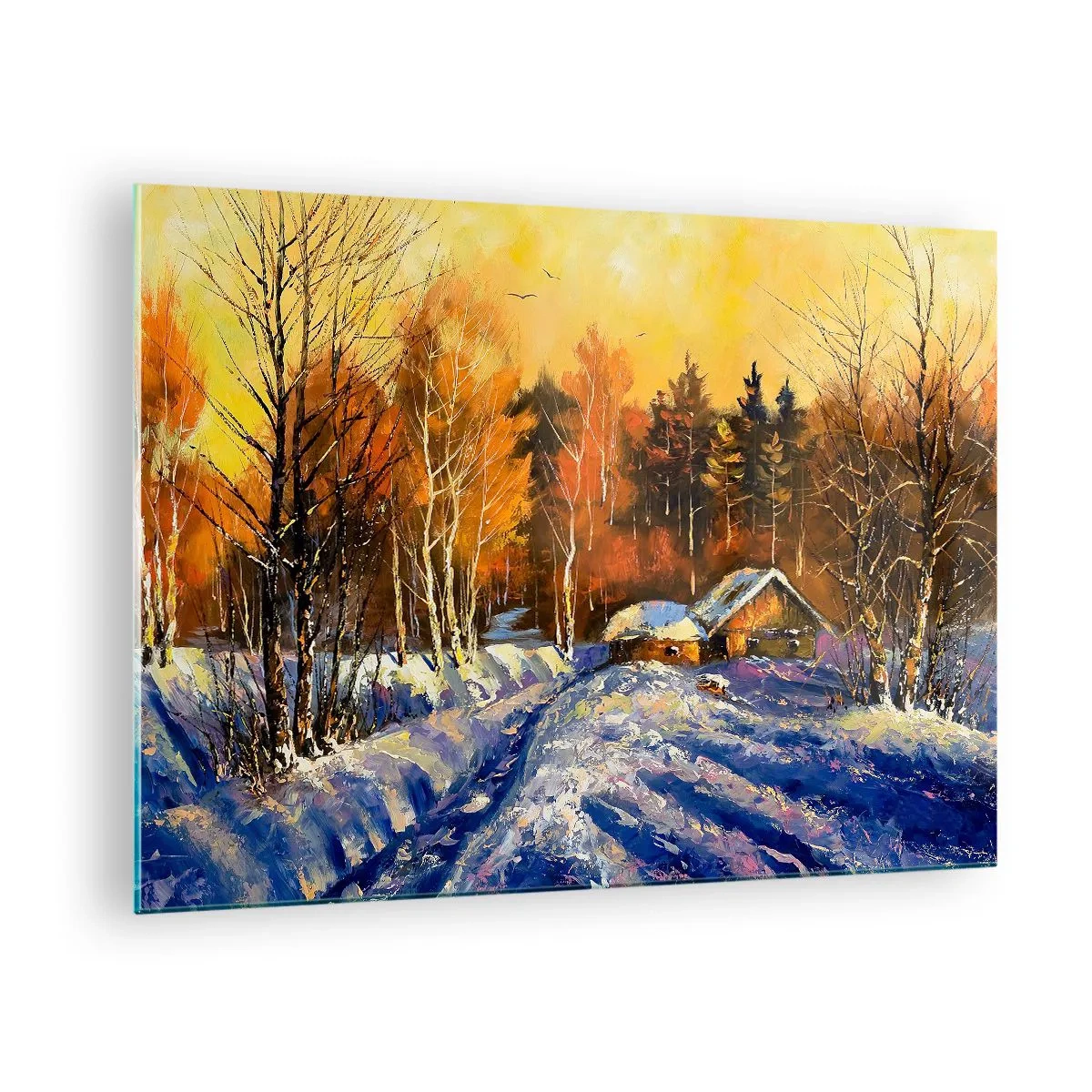 Impression sur verre - Image sur verre - Paysage d'hiver avec un chalet en bois au coucher du soleil - 70x50cm - Impression d'hiver au soleil - Décoration murale moderne pour le salon et la chambre ARTTOR