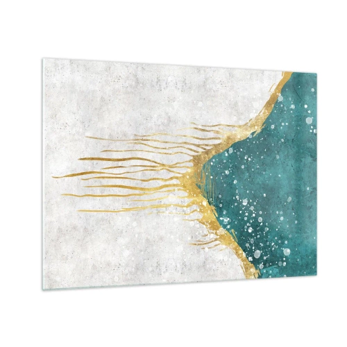 Impression sur verre - Image sur verre - Motif abstrait doré sur fond turquoise et blanc - 70x50cm - Marée dorée - Décoration murale moderne pour le salon et la chambre ARTTOR