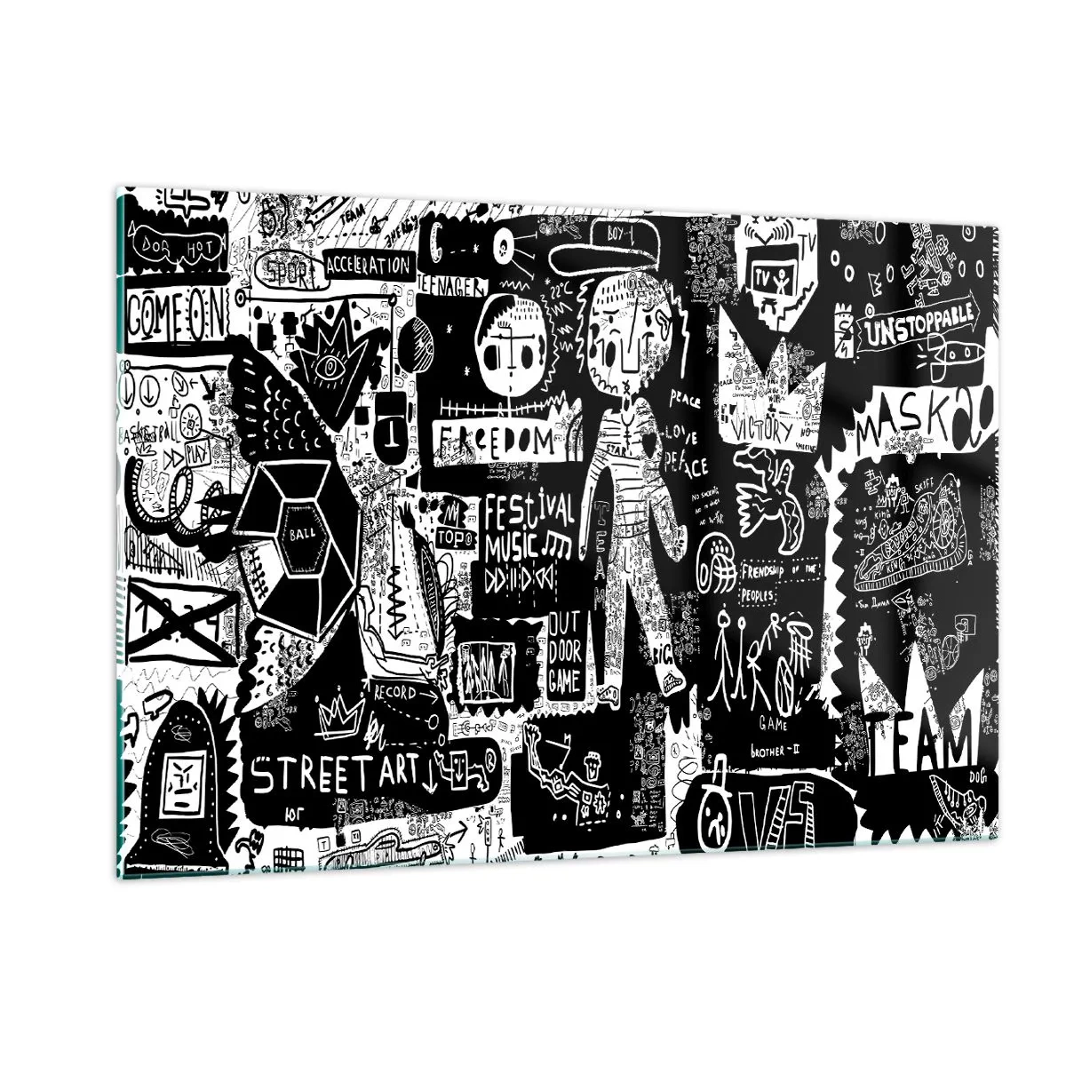 Impression sur verre - Image sur verre - Graphiques de style street art en noir et blanc avec personnages et symboles - 120x80cm - Jeunesse spirituelle de loi et de joie - Décoration murale moderne pour le salon et la chambre ARTTOR