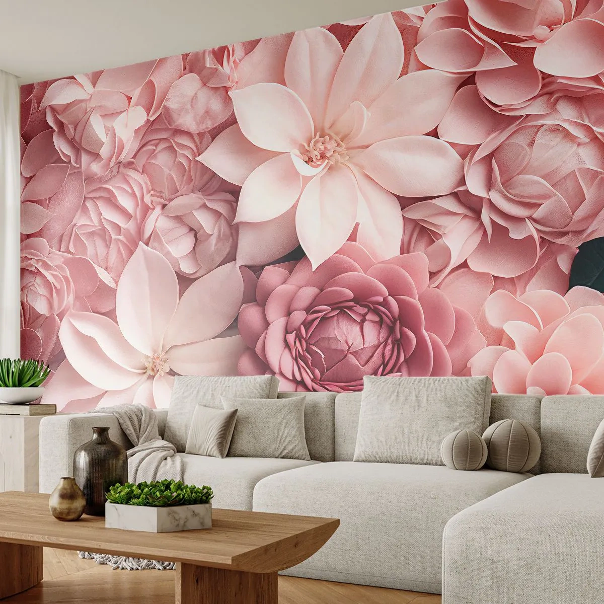 Papier Peint Photo Premium Canvas - Dans les pétales roses - Fleurs, Pastel, Brillant - 350x256 cm