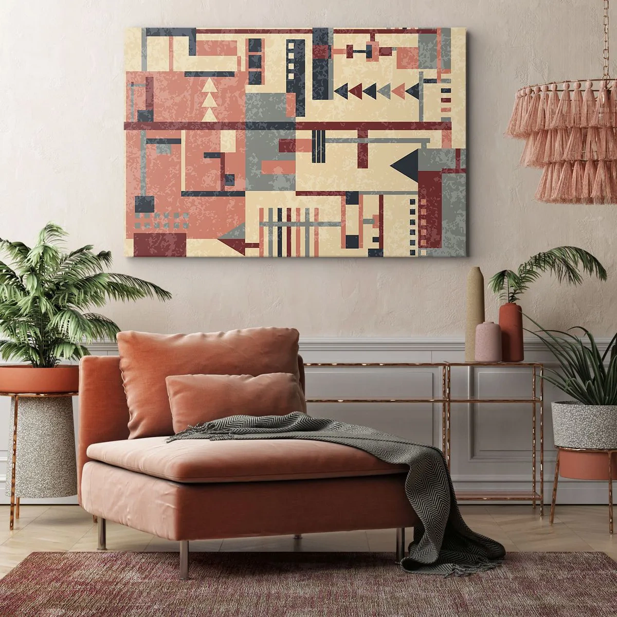 Impression sur toile - Image sur toile - Motif géométrique dans des tons pastel de beige, rouge et gris - 70x50cm - Une combinaison de verticaux et d'horizontaux - Décoration murale moderne pour le salon et la chambre ARTTOR