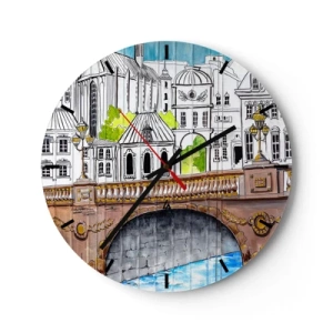 Horloge murale - Pendule murale - Illustration d'architecture urbaine avec un pont - 30x30cm - Une ville comme peinte - Décoration murale moderne pour le salon, la cuisine et la chambre ARTTOR