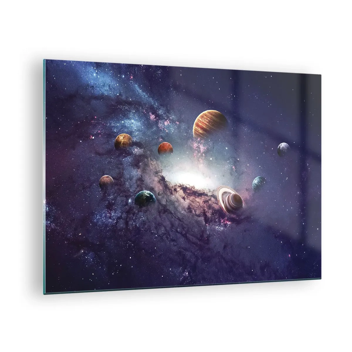 Impression sur verre - Image sur verre - Une vision fantaisiste de planètes tournant dans l'espace - 70x50cm - Système de danse solaire - Décoration murale moderne pour le salon et la chambre ARTTOR