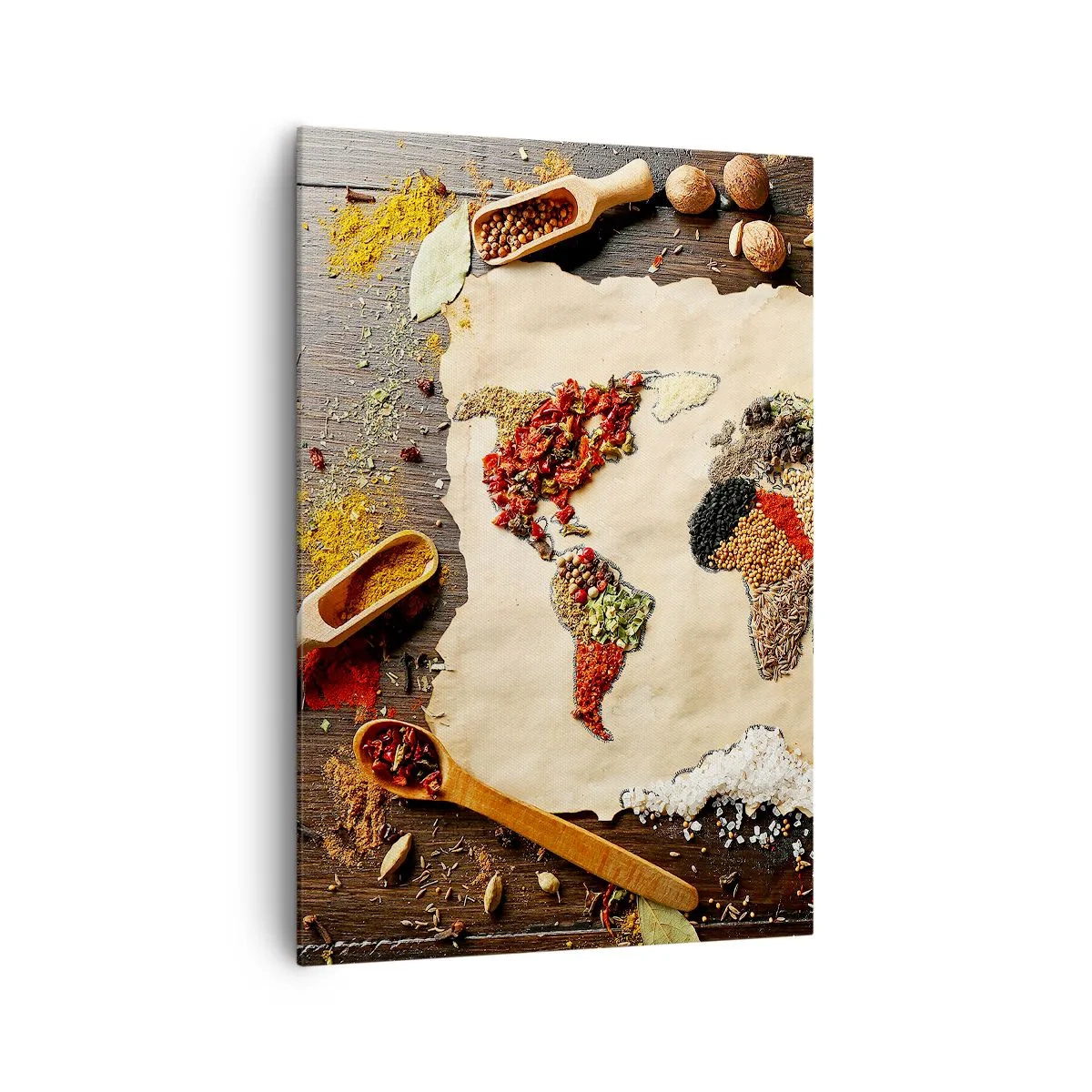 Impression sur toile - Image sur toile - Une carte du monde faite d'épices sur un fond en bois. - 70x100cm - Toutes les saveurs du monde - Décoration murale moderne pour le salon et la chambre ARTTOR