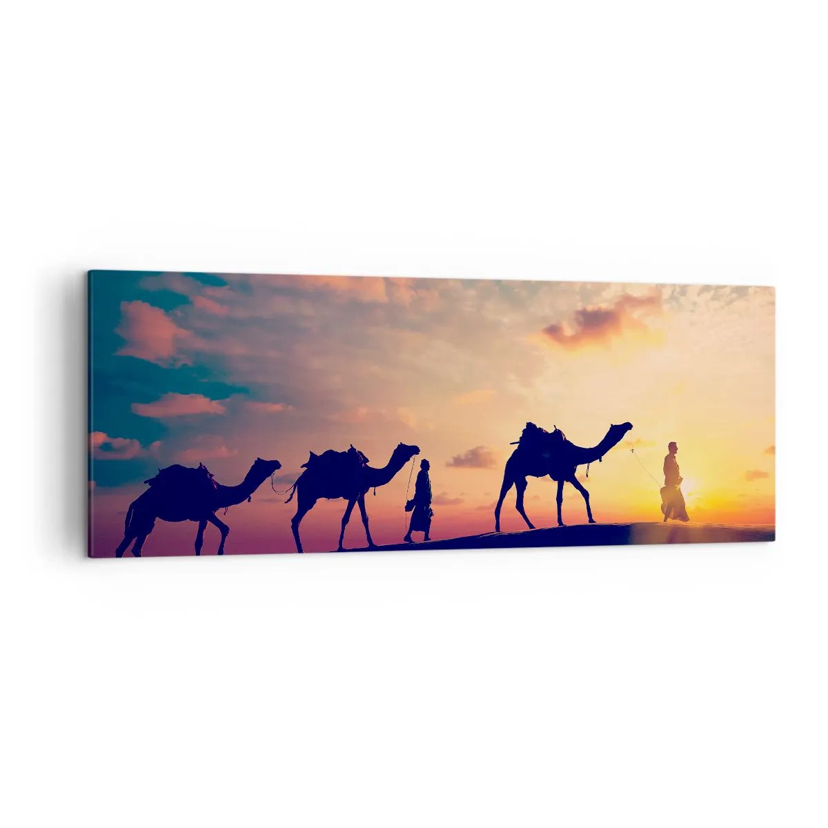Impression sur toile - Image sur toile - Une caravane de chameaux errant dans le désert au coucher du soleil - 140x50cm - L'esprit mystérieux de l'Orient - Décoration murale moderne pour le salon et la chambre ARTTOR
