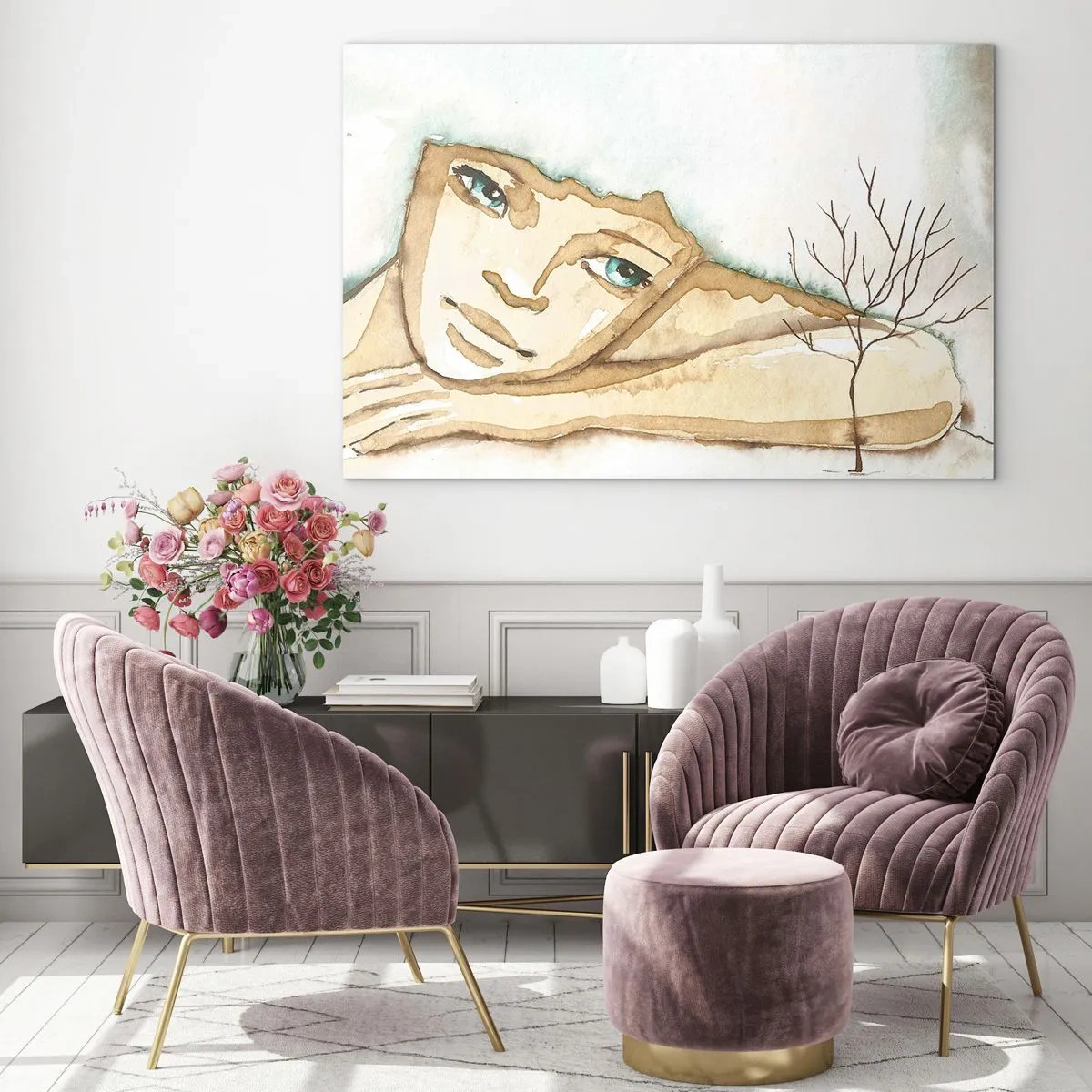 Impression sur verre - Image sur verre - Une figure subtile d'une femme avec un arbre sur un fond de couleurs aquarelles - 120x80cm - L'arbre de la poésie naît du silence - Décoration murale moderne pour le salon et la chambre ARTTOR