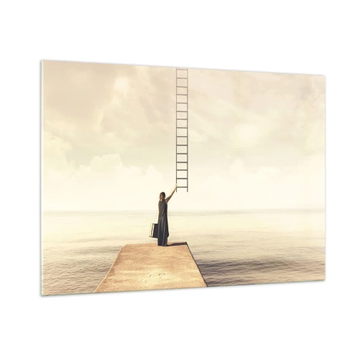 Impression sur verre - Image sur verre - Femme sur une jetée avec une échelle menant au paradis - 100x70cm - Voyage magique - Décoration murale moderne pour le salon et la chambre ARTTOR