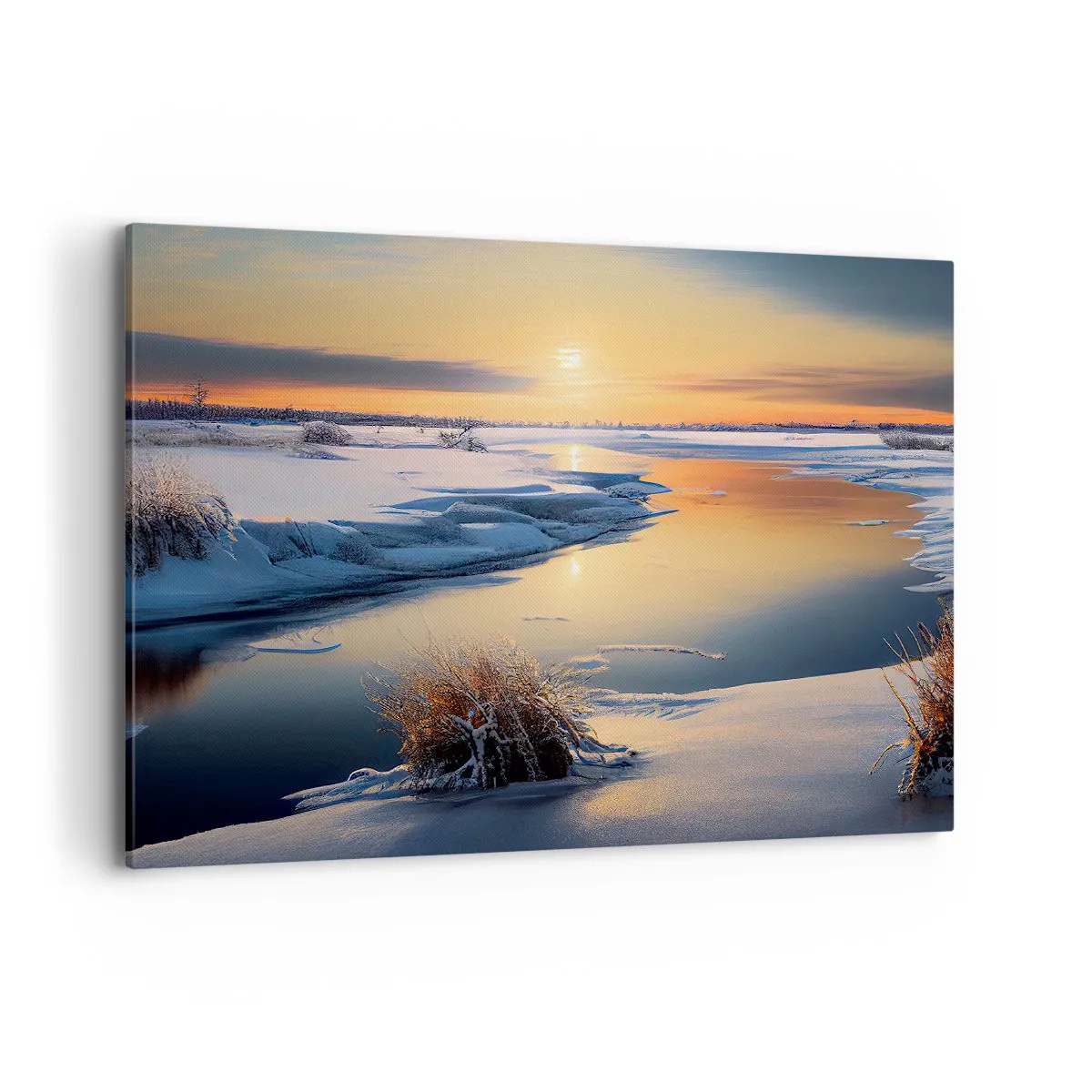 Impression sur toile - Image sur toile - Paysage d'hiver avec une rivière au coucher du soleil - 100x70cm - Coucher de soleil d'hiver - Décoration murale moderne pour le salon et la chambre ARTTOR
