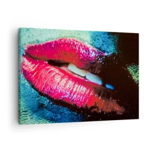 Impression sur toile - Image sur toile - Gros plan de lèvres colorées et brillantes sur un fond artistique - 70x50cm - Sensuel et dérangeant - Décoration murale moderne pour le salon et la chambre ARTTOR