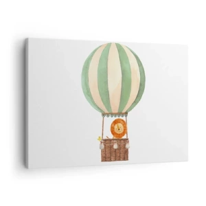 Impression sur toile - Image sur toile - Un ballon avec un lion souriant dans un panier aux couleurs pastel - 70x50cm - Les voyages de Léon - Décoration murale moderne pour le salon et la chambre ARTTOR