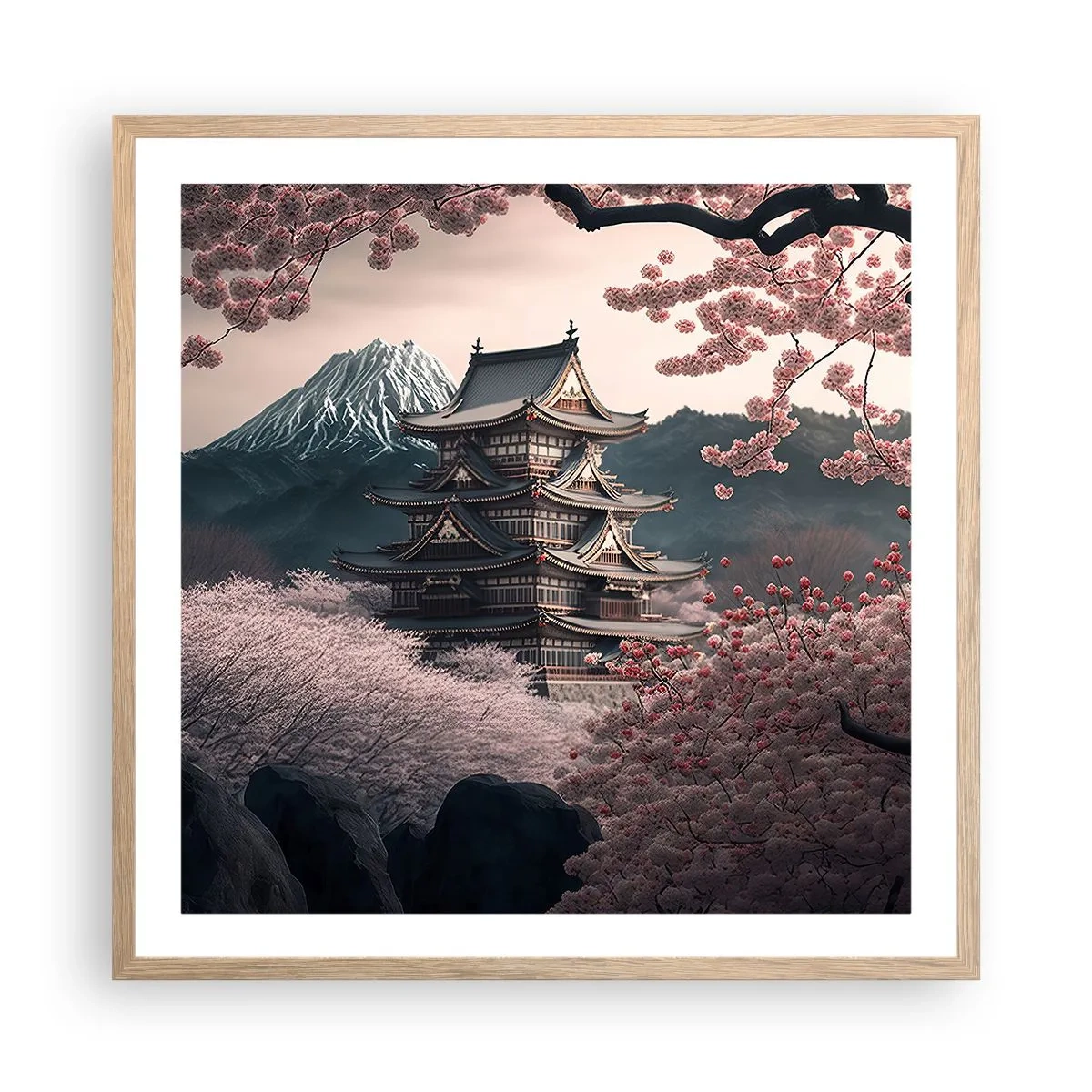 Affiche dans un chêne clair - Poster - Le pays des cerisiers en fleurs - 60x60 cm